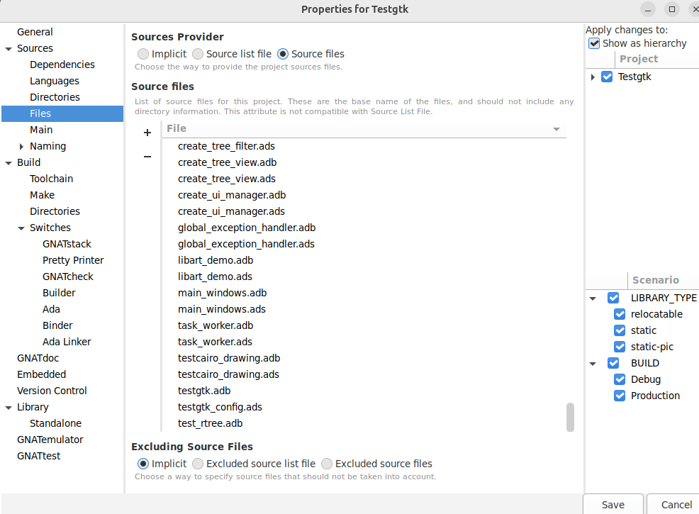 GnatStudio screen "Properties for Testgtk" Files
