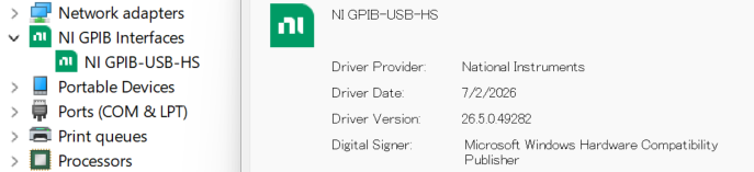 Device Manager NI-HS is detected