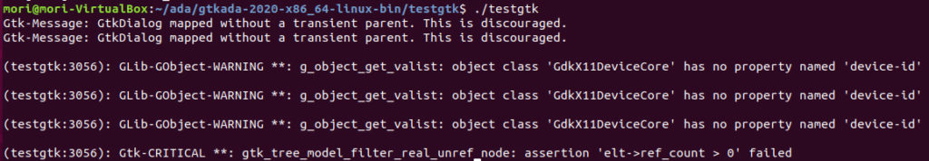testgtk warnings and errors